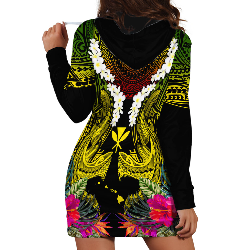 Hawaii Kanaka Maoli Hoodie Dress Double Shark and Hibiscus Flowers LT03 - Polynesian Pride