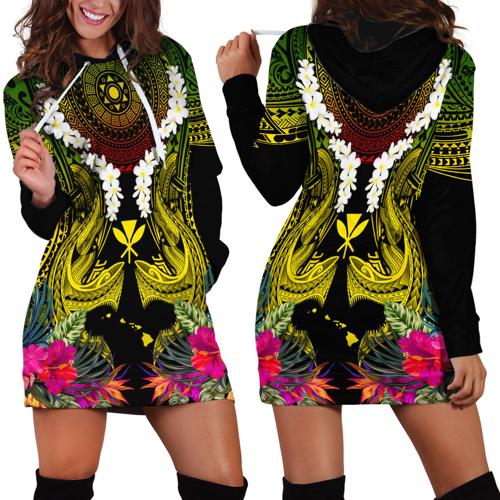 Hawaii Kanaka Maoli Hoodie Dress Double Shark and Hibiscus Flowers LT03 - Polynesian Pride