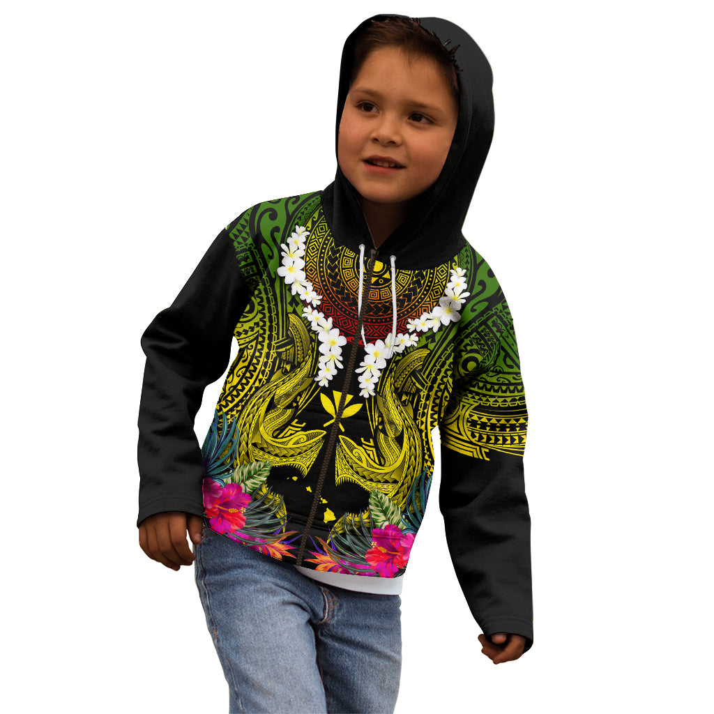 Hawaii Kanaka Maoli Kid Hoodie Double Shark and Hibiscus Flowers