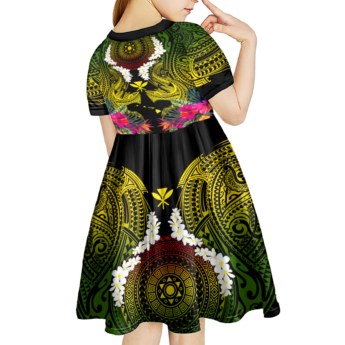 Hawaii Kanaka Maoli Kid Short Sleeve Dress Double Shark and Hibiscus Flowers LT03 - Polynesian Pride