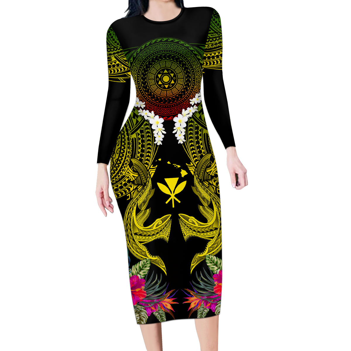 Hawaii Kanaka Maoli Long Sleeve Bodycon Dress Double Shark and Hibiscus Flowers LT03 Long Dress Black - Polynesian Pride