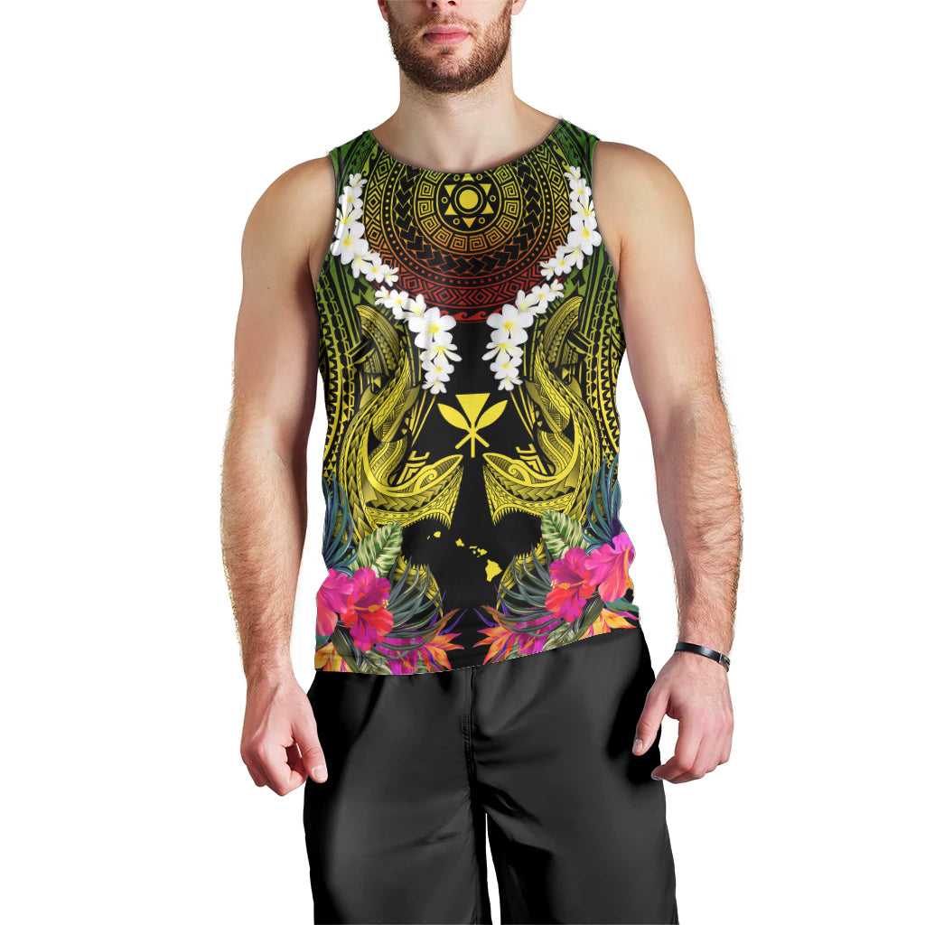 Hawaii Kanaka Maoli Men Tank Top Double Shark and Hibiscus Flowers