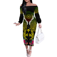 Hawaii Kanaka Maoli Off The Shoulder Long Sleeve Dress Double Shark and Hibiscus Flowers LT03 Women Black - Polynesian Pride