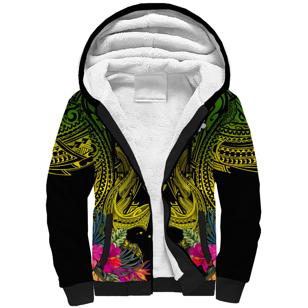 Hawaii Kanaka Maoli Sherpa Hoodie Double Shark and Hibiscus Flowers