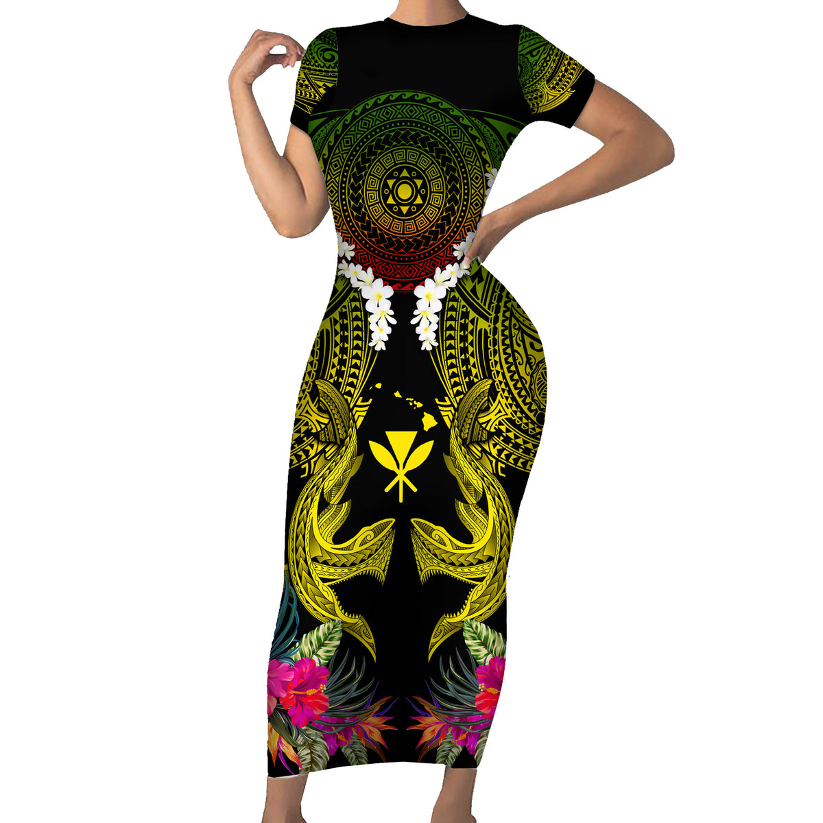 Hawaii Kanaka Maoli Short Sleeve Bodycon Dress Double Shark and Hibiscus Flowers LT03 Long Dress Black - Polynesian Pride