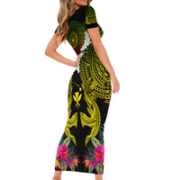 Hawaii Kanaka Maoli Short Sleeve Bodycon Dress Double Shark and Hibiscus Flowers LT03 - Polynesian Pride