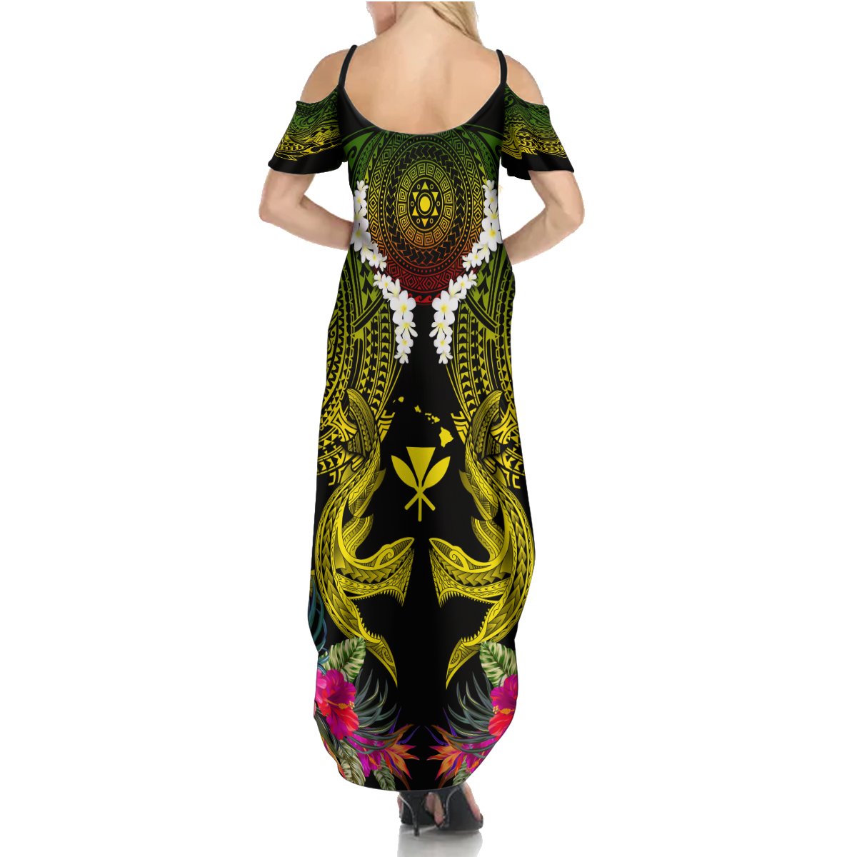 Hawaii Kanaka Maoli Summer Maxi Dress Double Shark and Hibiscus Flowers