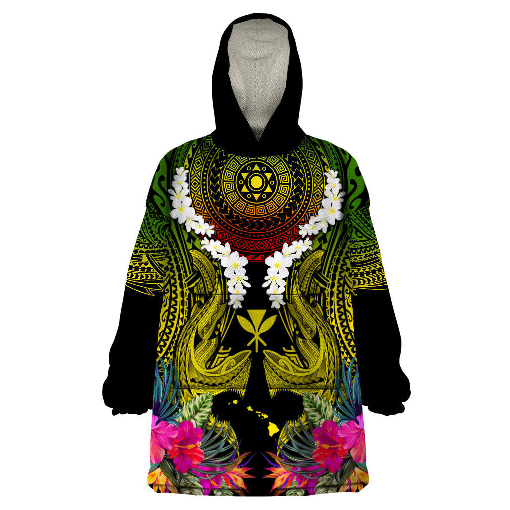 Hawaii Kanaka Maoli Wearable Blanket Hoodie Double Shark and Hibiscus Flowers LT03 One Size Black - Polynesian Pride
