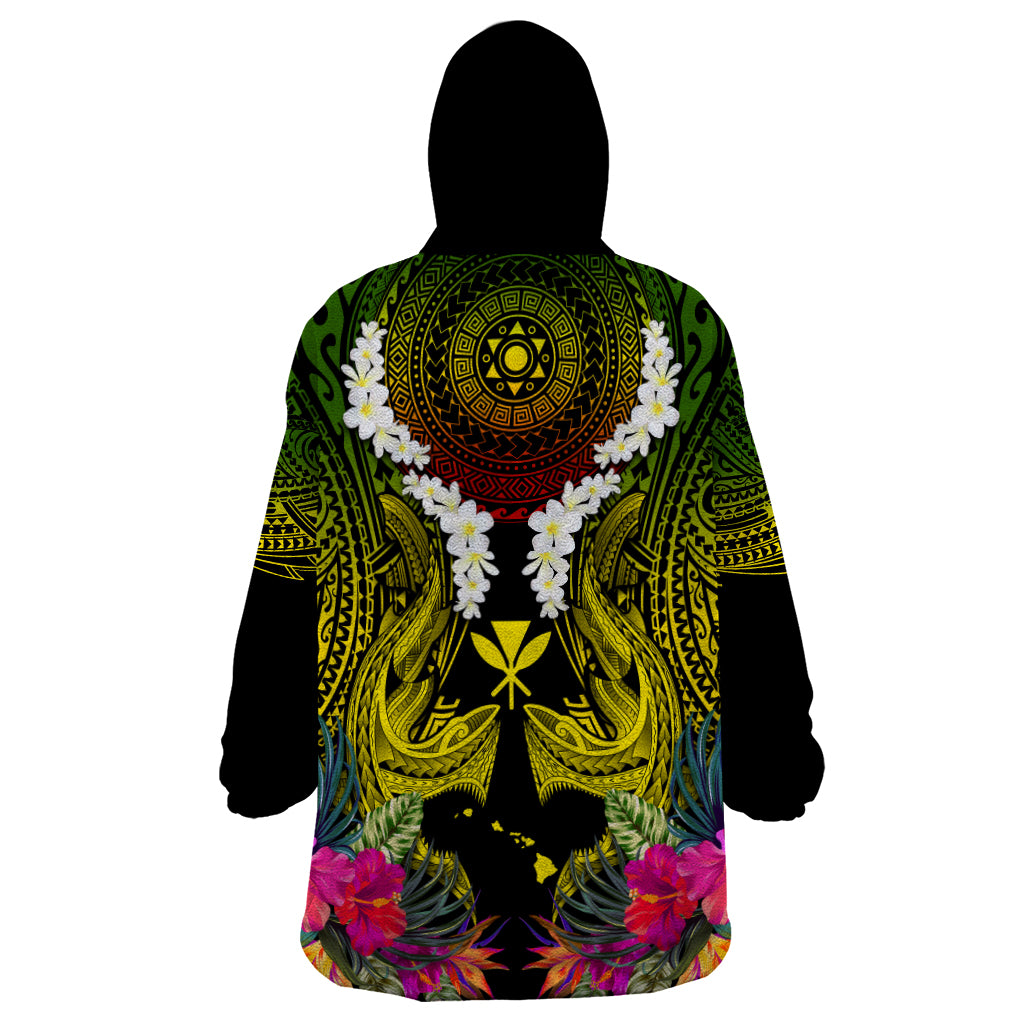 Hawaii Kanaka Maoli Wearable Blanket Hoodie Double Shark and Hibiscus Flowers LT03 - Polynesian Pride