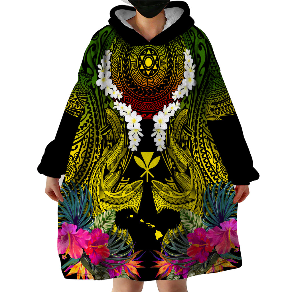 Hawaii Kanaka Maoli Wearable Blanket Hoodie Double Shark and Hibiscus Flowers LT03 - Polynesian Pride