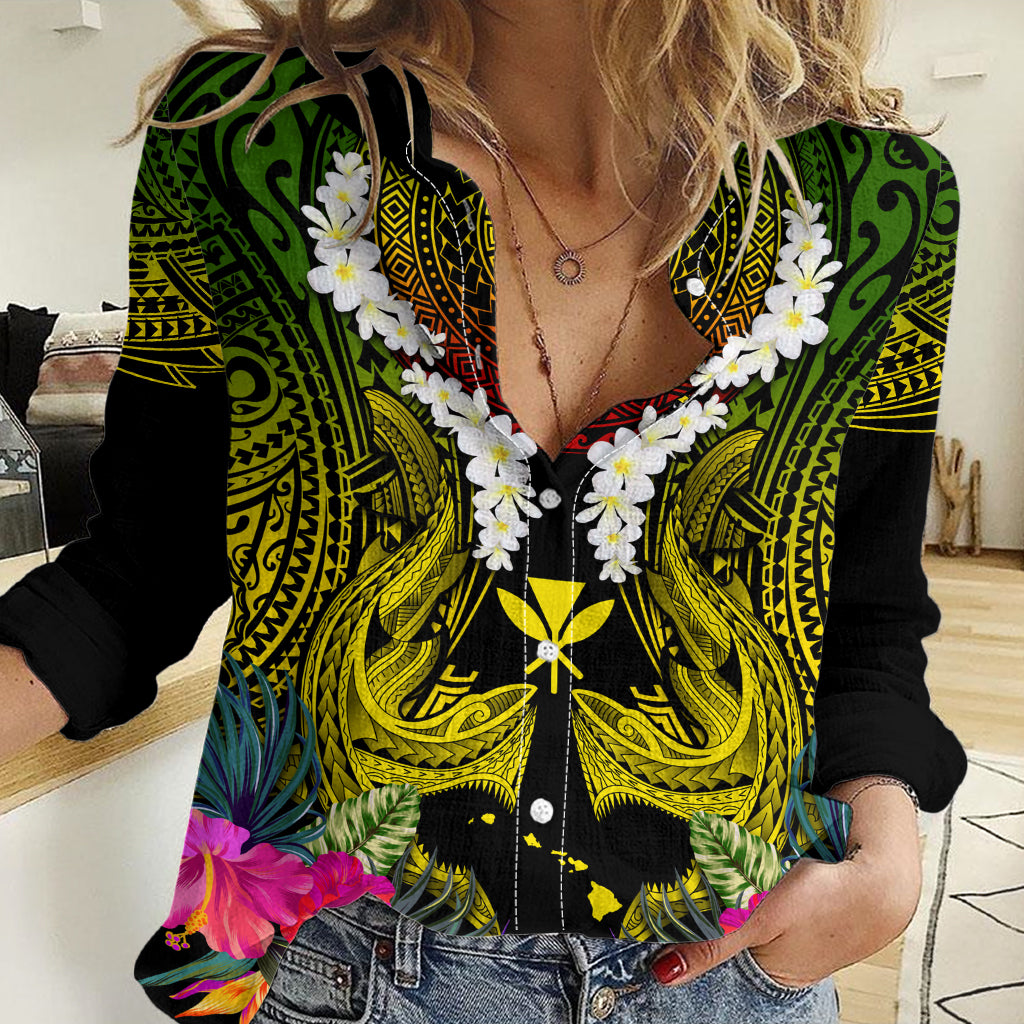 Hawaii Kanaka Maoli Women Casual Shirt Double Shark and Hibiscus Flowers LT03 Female Black - Polynesian Pride