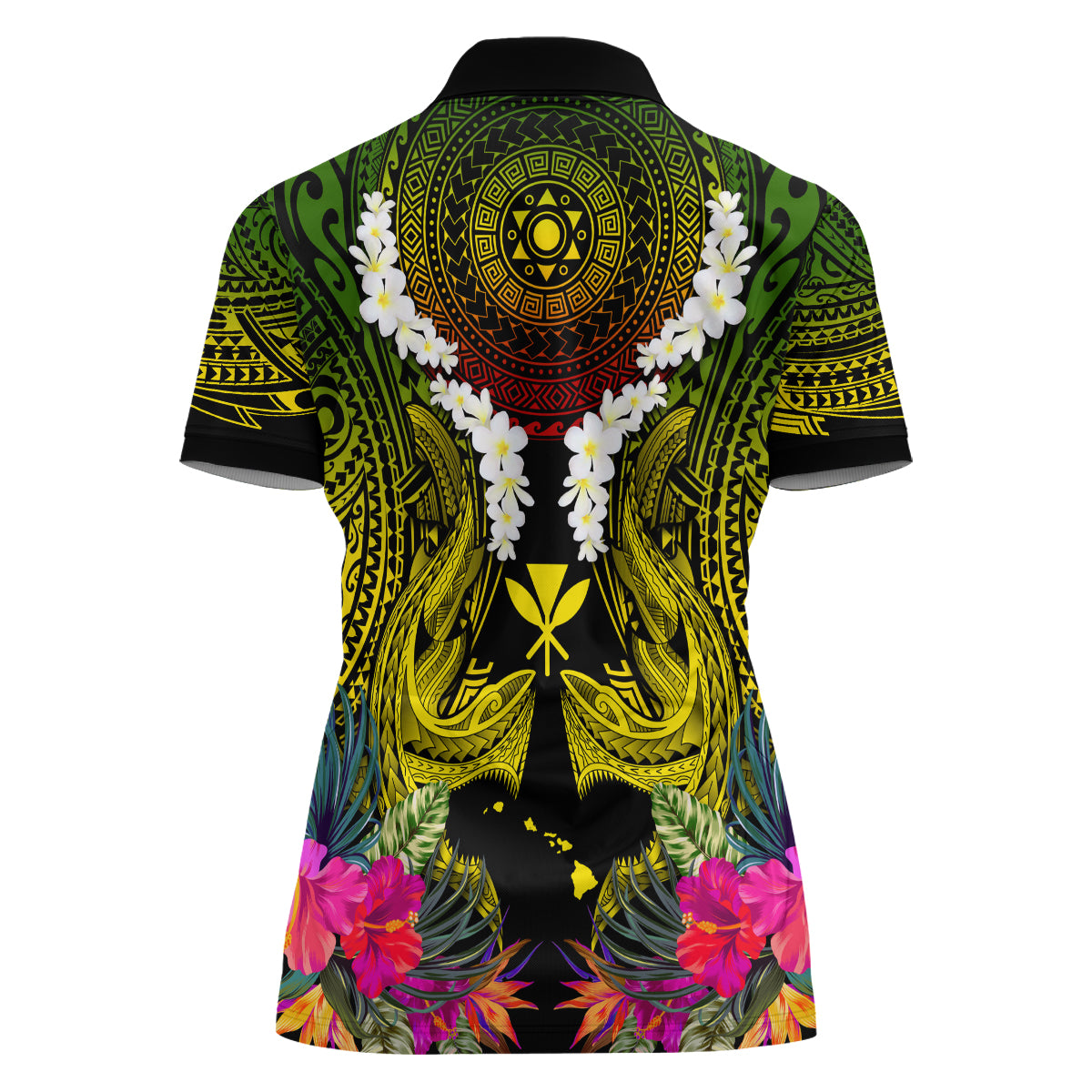 Hawaii Kanaka Maoli Women Polo Shirt Double Shark and Hibiscus Flowers