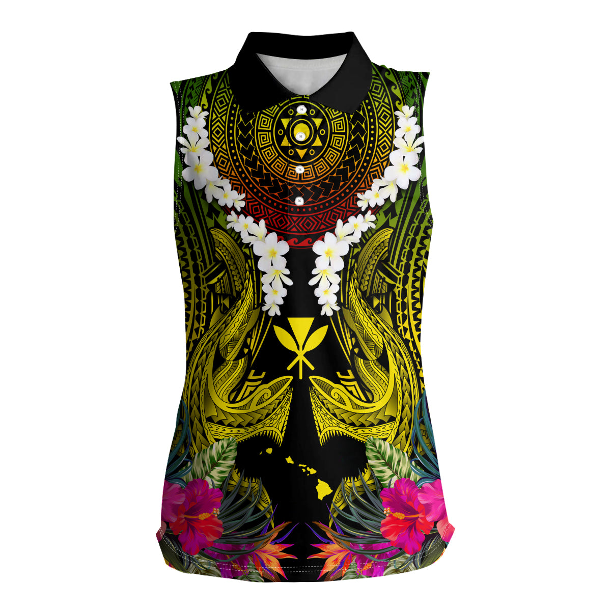 Hawaii Kanaka Maoli Women Sleeveless Polo Shirt Double Shark and Hibiscus Flowers LT03 Female Black - Polynesian Pride