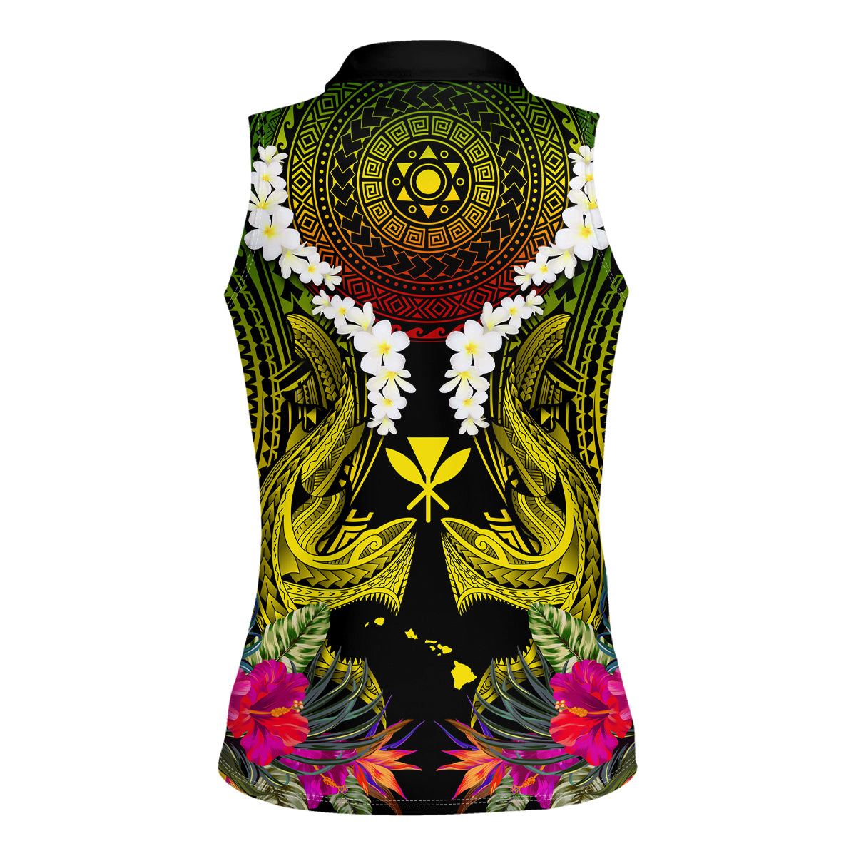 Hawaii Kanaka Maoli Women Sleeveless Polo Shirt Double Shark and Hibiscus Flowers LT03 - Polynesian Pride