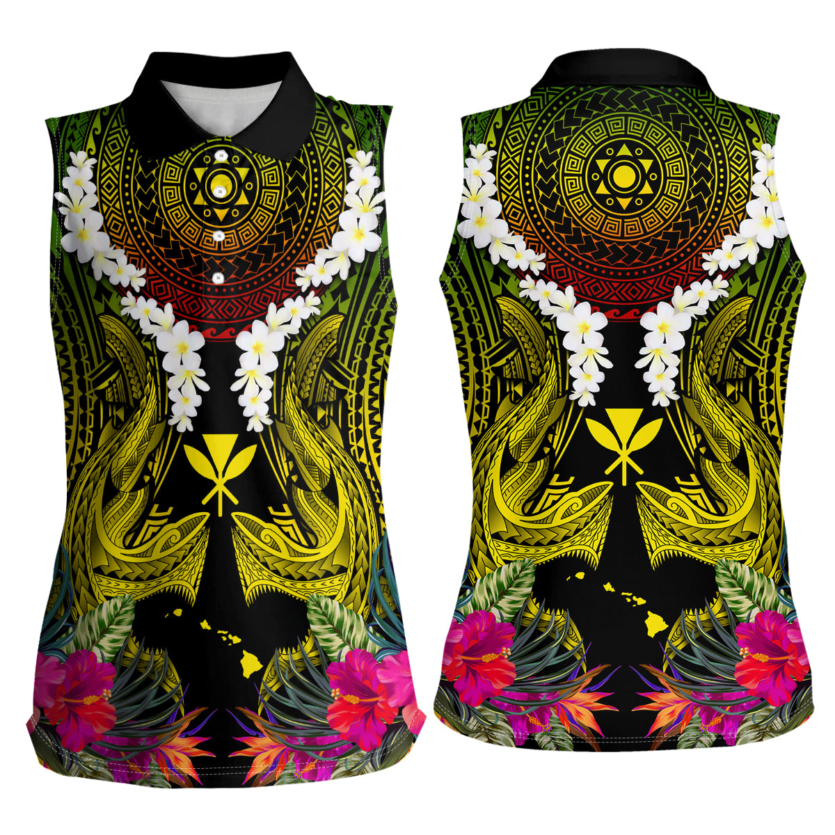 Hawaii Kanaka Maoli Women Sleeveless Polo Shirt Double Shark and Hibiscus Flowers LT03 - Polynesian Pride