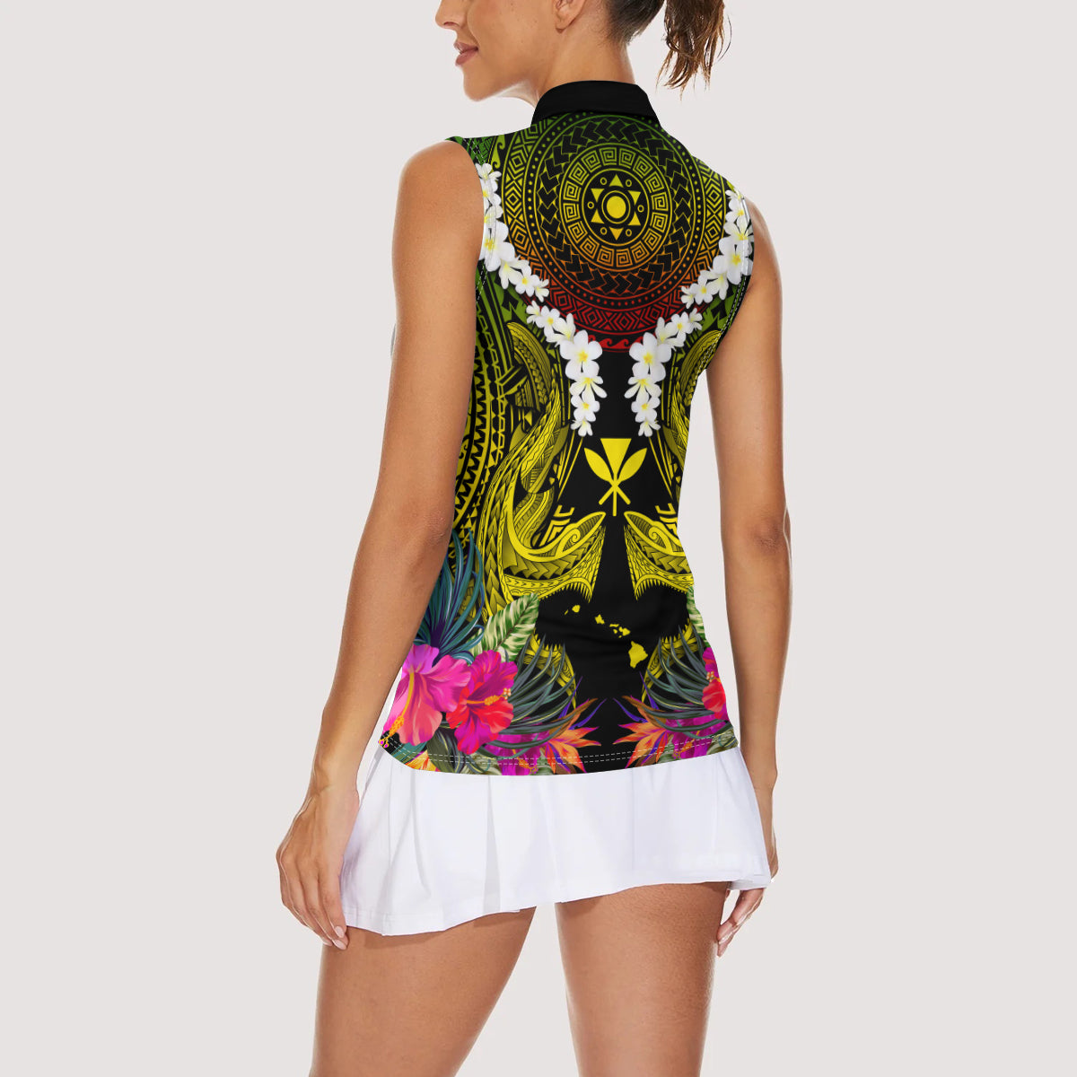 Hawaii Kanaka Maoli Women Sleeveless Polo Shirt Double Shark and Hibiscus Flowers LT03 - Polynesian Pride