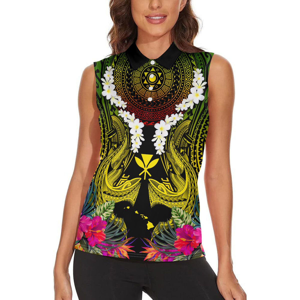 Hawaii Kanaka Maoli Women Sleeveless Polo Shirt Double Shark and Hibiscus Flowers LT03 - Polynesian Pride