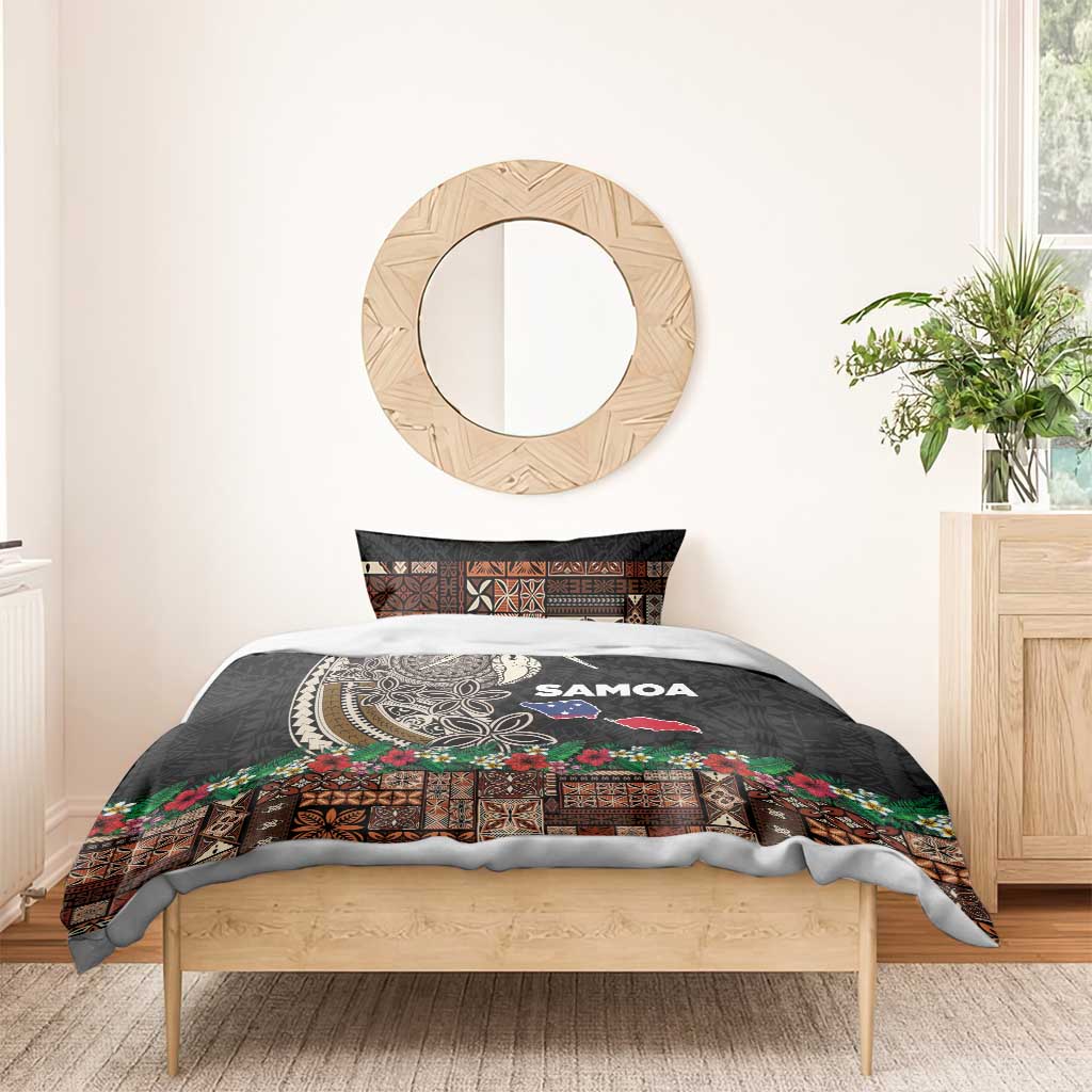 Samoa Siapo Polynesian Art Bedding Set Tropical Flowers and Tatau Pattern Brown
