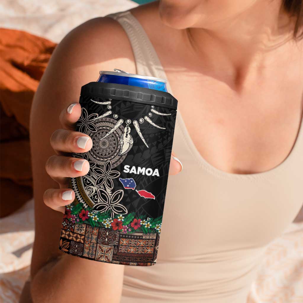 Samoa Siapo Polynesian Art 4 in 1 Can Cooler Tumbler Tropical Flowers and Tatau Pattern Brown