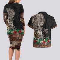 Samoa Siapo Polynesian Art Couples Matching Long Sleeve Bodycon Dress and Hawaiian Shirt Tropical Flowers and Tatau Pattern Brown LT03 - Polynesian Pride