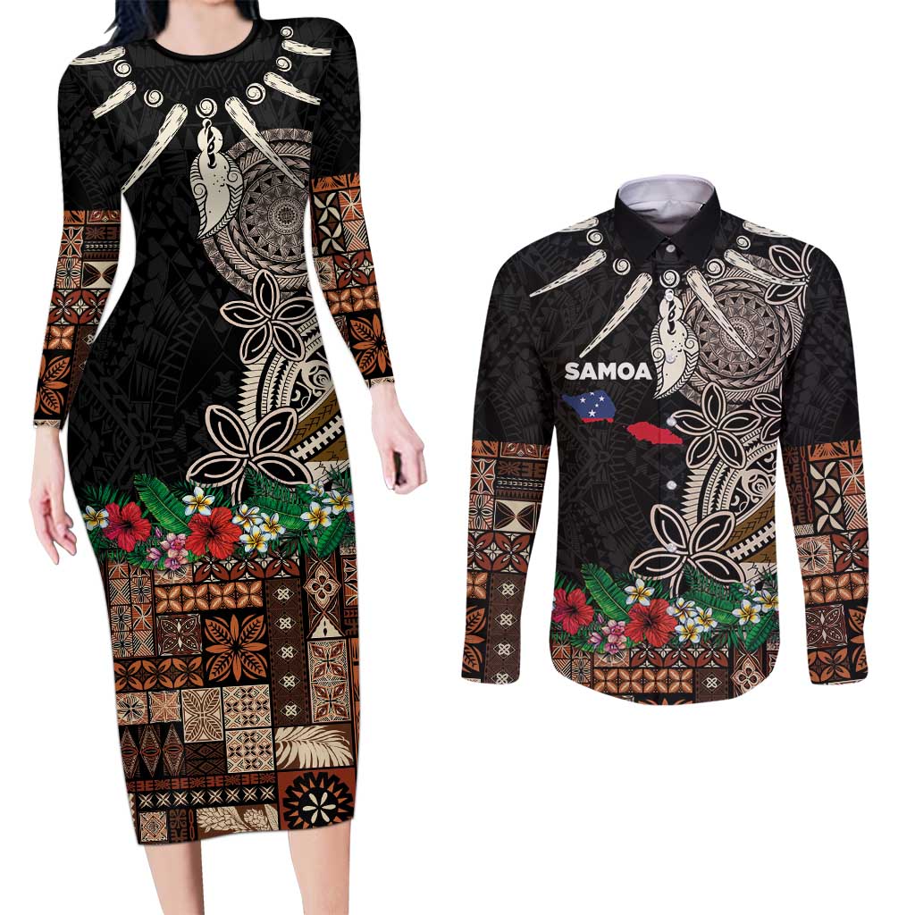 Samoa Siapo Polynesian Art Couples Matching Long Sleeve Bodycon Dress and Long Sleeve Button Shirt Tropical Flowers and Tatau Pattern Brown LT03 Brown - Polynesian Pride