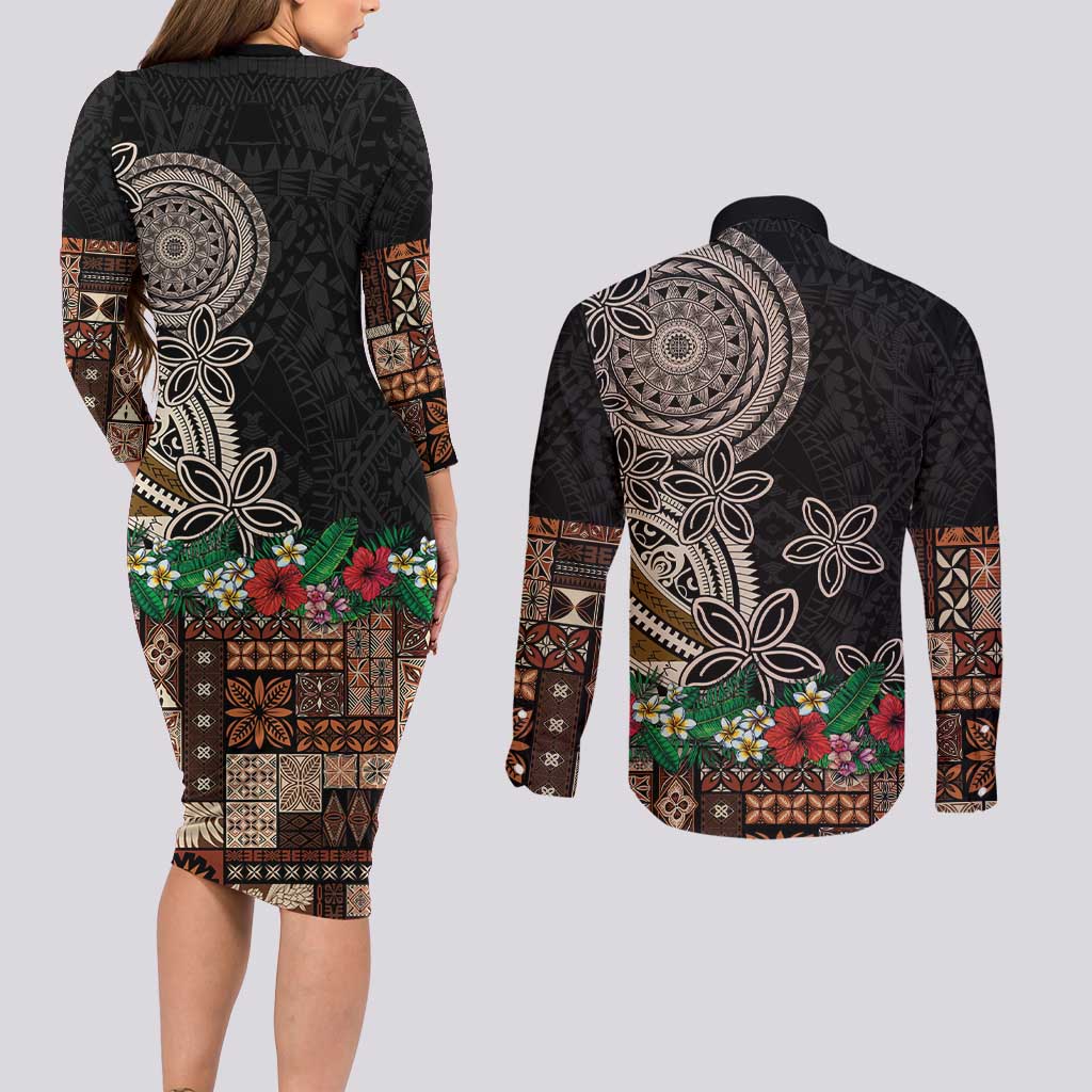 Samoa Siapo Polynesian Art Couples Matching Long Sleeve Bodycon Dress and Long Sleeve Button Shirt Tropical Flowers and Tatau Pattern Brown LT03 - Polynesian Pride