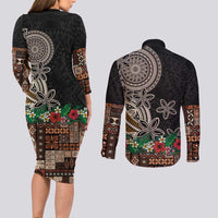 Samoa Siapo Polynesian Art Couples Matching Long Sleeve Bodycon Dress and Long Sleeve Button Shirt Tropical Flowers and Tatau Pattern Brown LT03 - Polynesian Pride