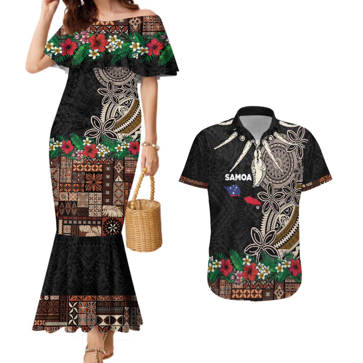 Samoa Siapo Polynesian Art Couples Matching Mermaid Dress and Hawaiian Shirt Tropical Flowers and Tatau Pattern Brown LT03 Brown - Polynesian Pride