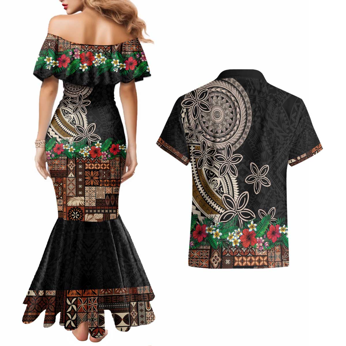 Samoa Siapo Polynesian Art Couples Matching Mermaid Dress and Hawaiian Shirt Tropical Flowers and Tatau Pattern Brown LT03 - Polynesian Pride