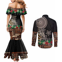 Samoa Siapo Polynesian Art Couples Matching Mermaid Dress and Long Sleeve Button Shirt Tropical Flowers and Tatau Pattern Brown LT03 - Polynesian Pride