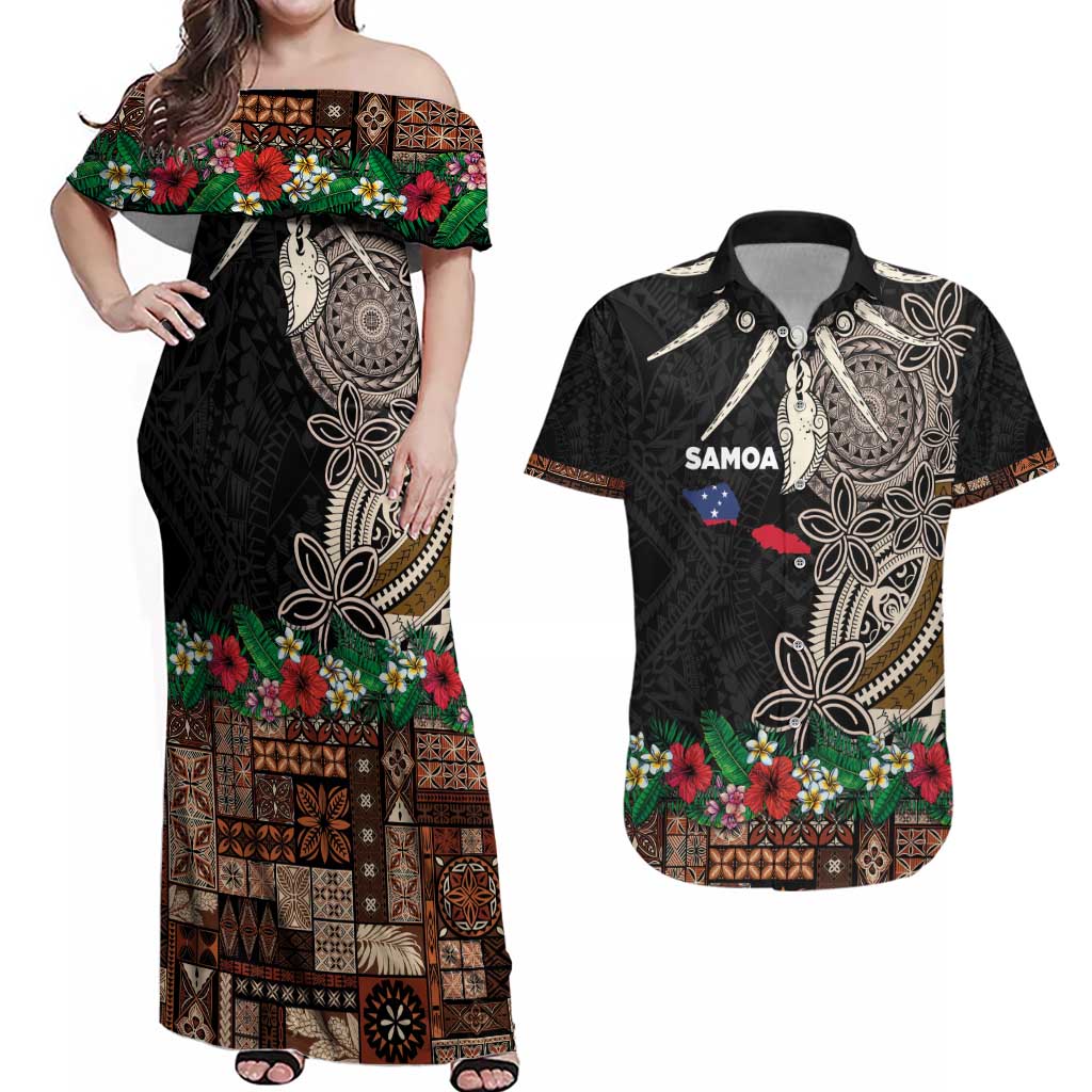 Samoa Siapo Polynesian Art Couples Matching Off Shoulder Maxi Dress and Hawaiian Shirt Tropical Flowers and Tatau Pattern Brown LT03 Brown - Polynesian Pride