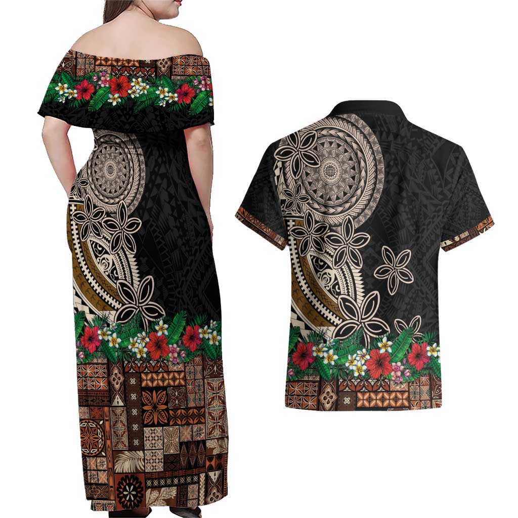 Samoa Siapo Polynesian Art Couples Matching Off Shoulder Maxi Dress and Hawaiian Shirt Tropical Flowers and Tatau Pattern Brown LT03 - Polynesian Pride