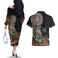 Samoa Siapo Polynesian Art Couples Matching Off The Shoulder Long Sleeve Dress and Hawaiian Shirt Tropical Flowers and Tatau Pattern Brown LT03 - Polynesian Pride