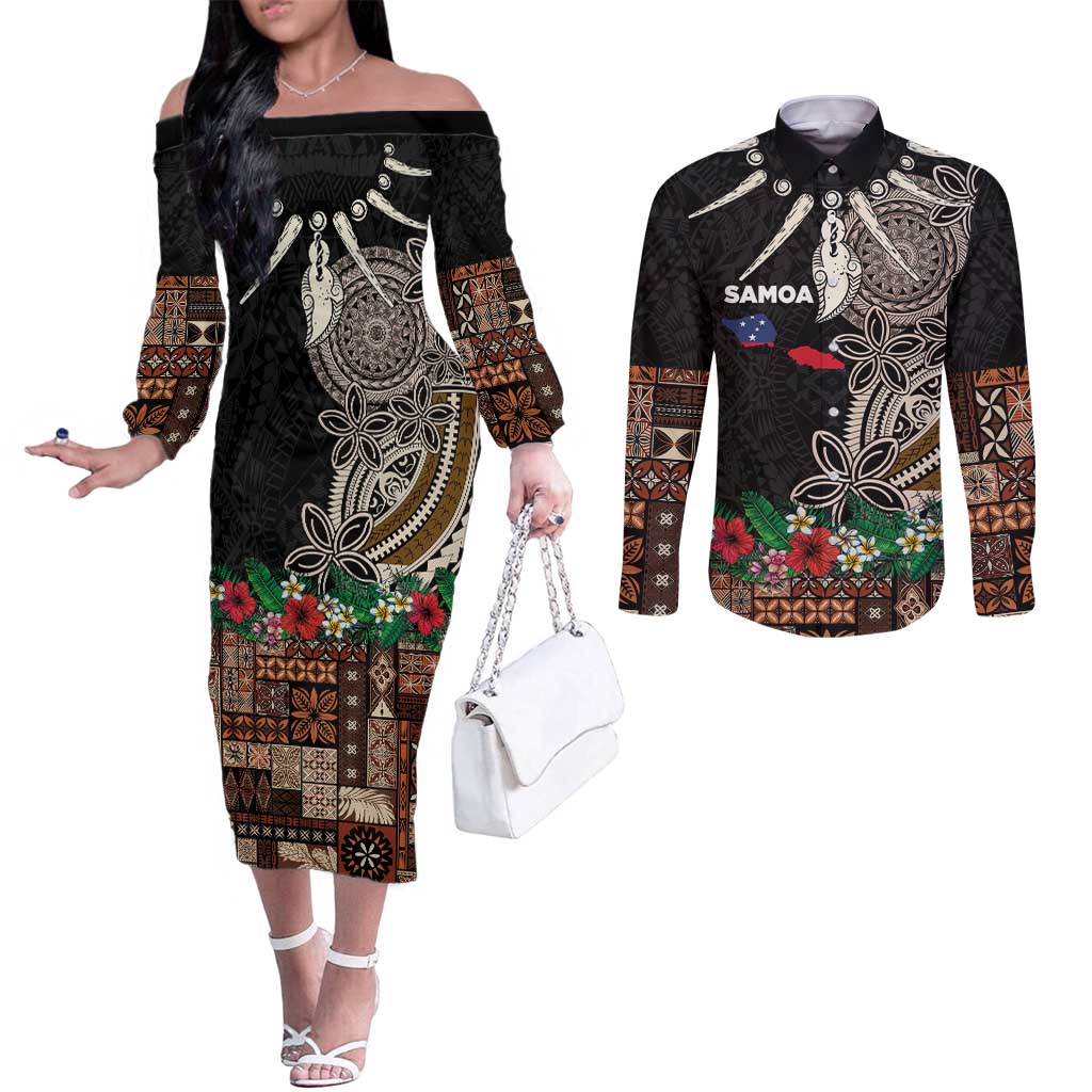 Samoa Siapo Polynesian Art Couples Matching Off The Shoulder Long Sleeve Dress and Long Sleeve Button Shirt Tropical Flowers and Tatau Pattern Brown LT03 Brown - Polynesian Pride