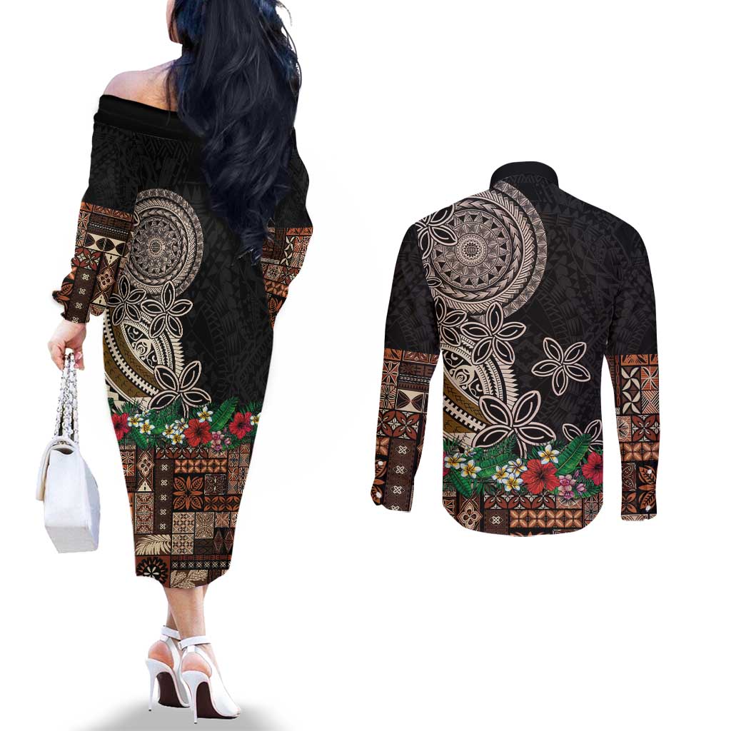 Samoa Siapo Polynesian Art Couples Matching Off The Shoulder Long Sleeve Dress and Long Sleeve Button Shirt Tropical Flowers and Tatau Pattern Brown LT03 - Polynesian Pride