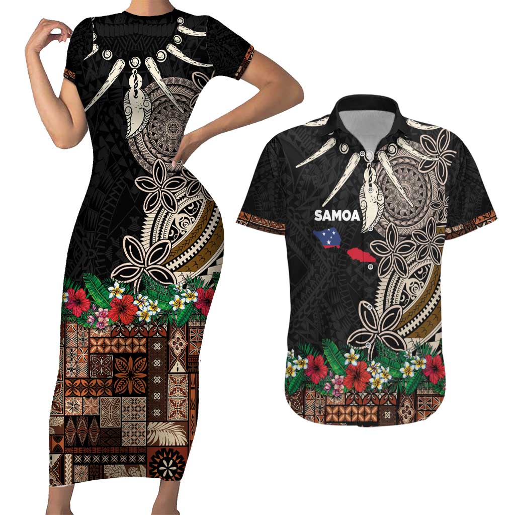 Samoa Siapo Polynesian Art Couples Matching Short Sleeve Bodycon Dress and Hawaiian Shirt Tropical Flowers and Tatau Pattern Brown LT03 Brown - Polynesian Pride