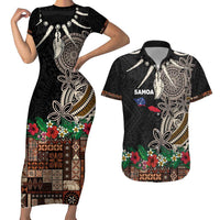 Samoa Siapo Polynesian Art Couples Matching Short Sleeve Bodycon Dress and Hawaiian Shirt Tropical Flowers and Tatau Pattern Brown LT03 Brown - Polynesian Pride