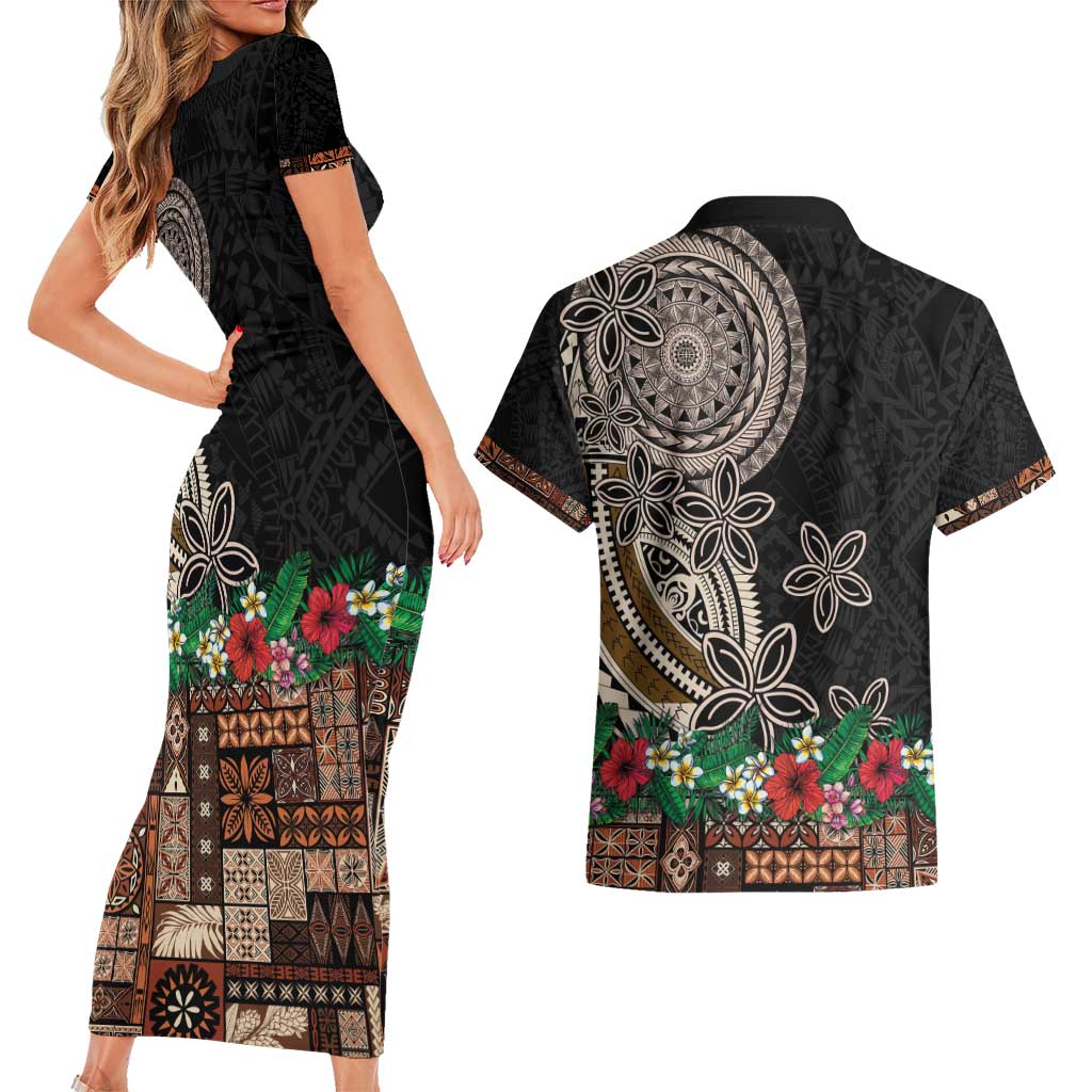 Samoa Siapo Polynesian Art Couples Matching Short Sleeve Bodycon Dress and Hawaiian Shirt Tropical Flowers and Tatau Pattern Brown LT03 - Polynesian Pride