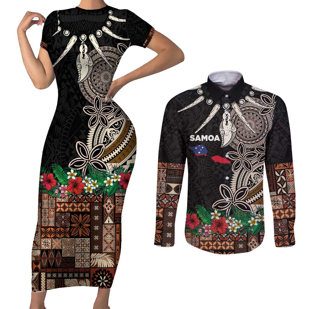 Samoa Siapo Polynesian Art Couples Matching Short Sleeve Bodycon Dress and Long Sleeve Button Shirt Tropical Flowers and Tatau Pattern Brown LT03 Brown - Polynesian Pride