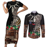 Samoa Siapo Polynesian Art Couples Matching Short Sleeve Bodycon Dress and Long Sleeve Button Shirt Tropical Flowers and Tatau Pattern Brown LT03 Brown - Polynesian Pride