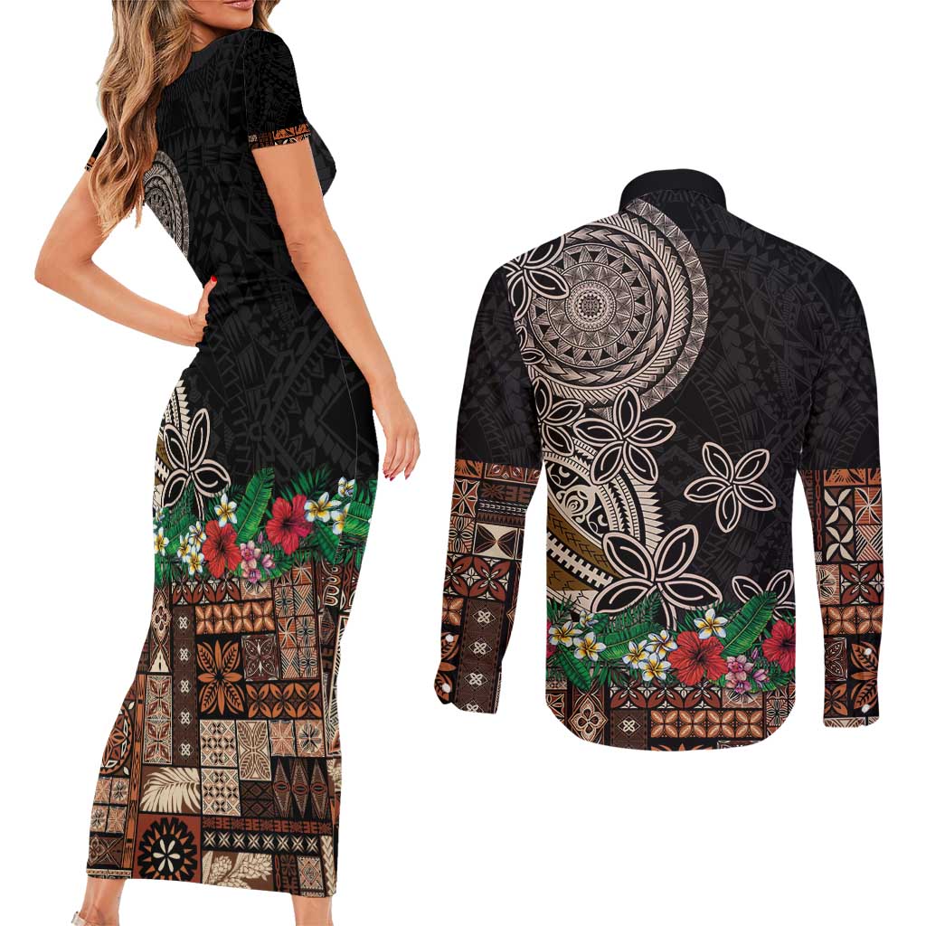 Samoa Siapo Polynesian Art Couples Matching Short Sleeve Bodycon Dress and Long Sleeve Button Shirt Tropical Flowers and Tatau Pattern Brown LT03 - Polynesian Pride