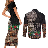 Samoa Siapo Polynesian Art Couples Matching Short Sleeve Bodycon Dress and Long Sleeve Button Shirt Tropical Flowers and Tatau Pattern Brown LT03 - Polynesian Pride