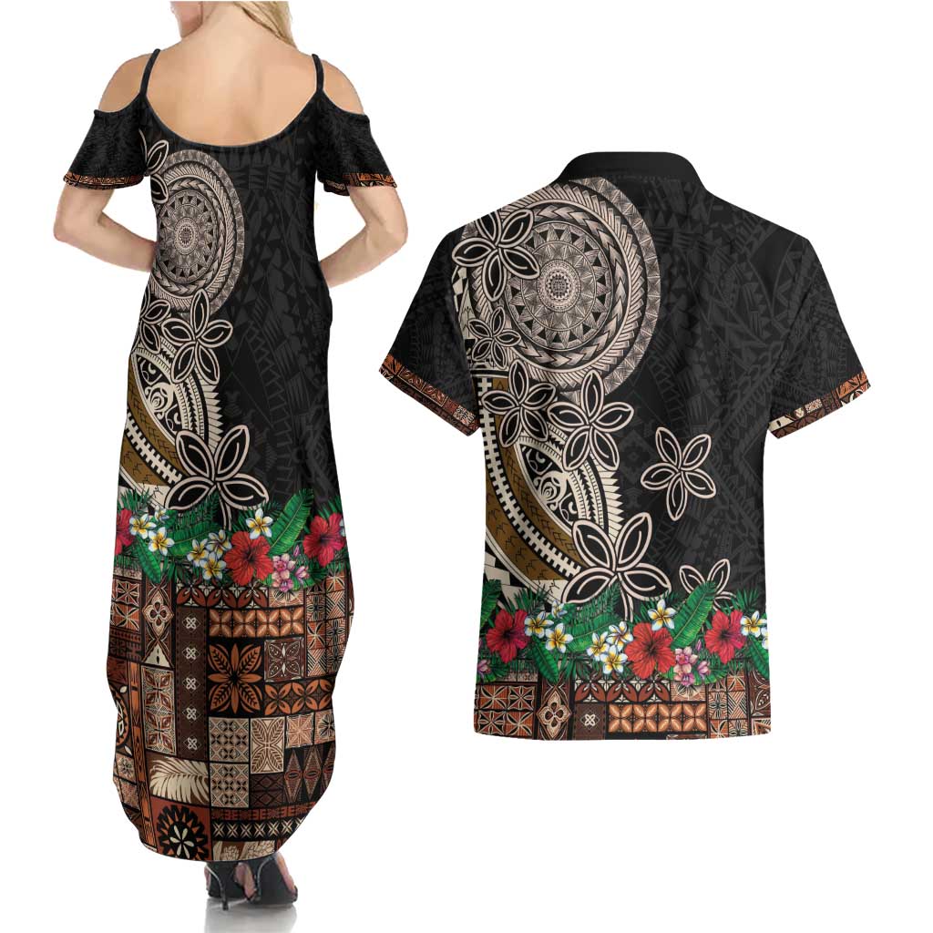 Samoa Siapo Polynesian Art Couples Matching Summer Maxi Dress and Hawaiian Shirt Tropical Flowers and Tatau Pattern Brown LT03 - Polynesian Pride