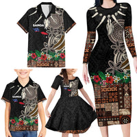 Samoa Siapo Polynesian Art Family Matching Long Sleeve Bodycon Dress and Hawaiian Shirt Tropical Flowers and Tatau Pattern Brown LT03 - Polynesian Pride