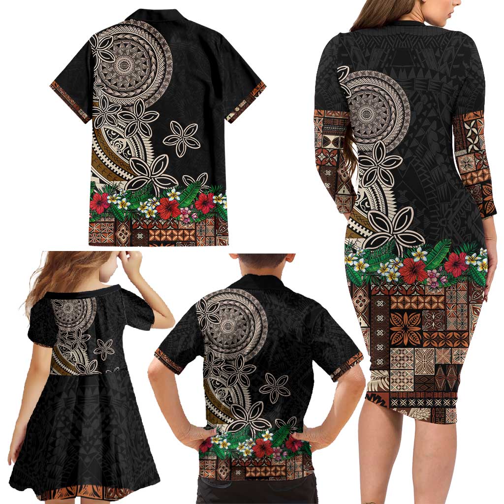 Samoa Siapo Polynesian Art Family Matching Long Sleeve Bodycon Dress and Hawaiian Shirt Tropical Flowers and Tatau Pattern Brown LT03 - Polynesian Pride