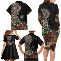 Samoa Siapo Polynesian Art Family Matching Long Sleeve Bodycon Dress and Hawaiian Shirt Tropical Flowers and Tatau Pattern Brown LT03 - Polynesian Pride