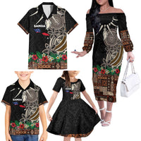 Samoa Siapo Polynesian Art Family Matching Off The Shoulder Long Sleeve Dress and Hawaiian Shirt Tropical Flowers and Tatau Pattern Brown LT03 - Polynesian Pride