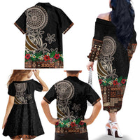 Samoa Siapo Polynesian Art Family Matching Off The Shoulder Long Sleeve Dress and Hawaiian Shirt Tropical Flowers and Tatau Pattern Brown LT03 - Polynesian Pride
