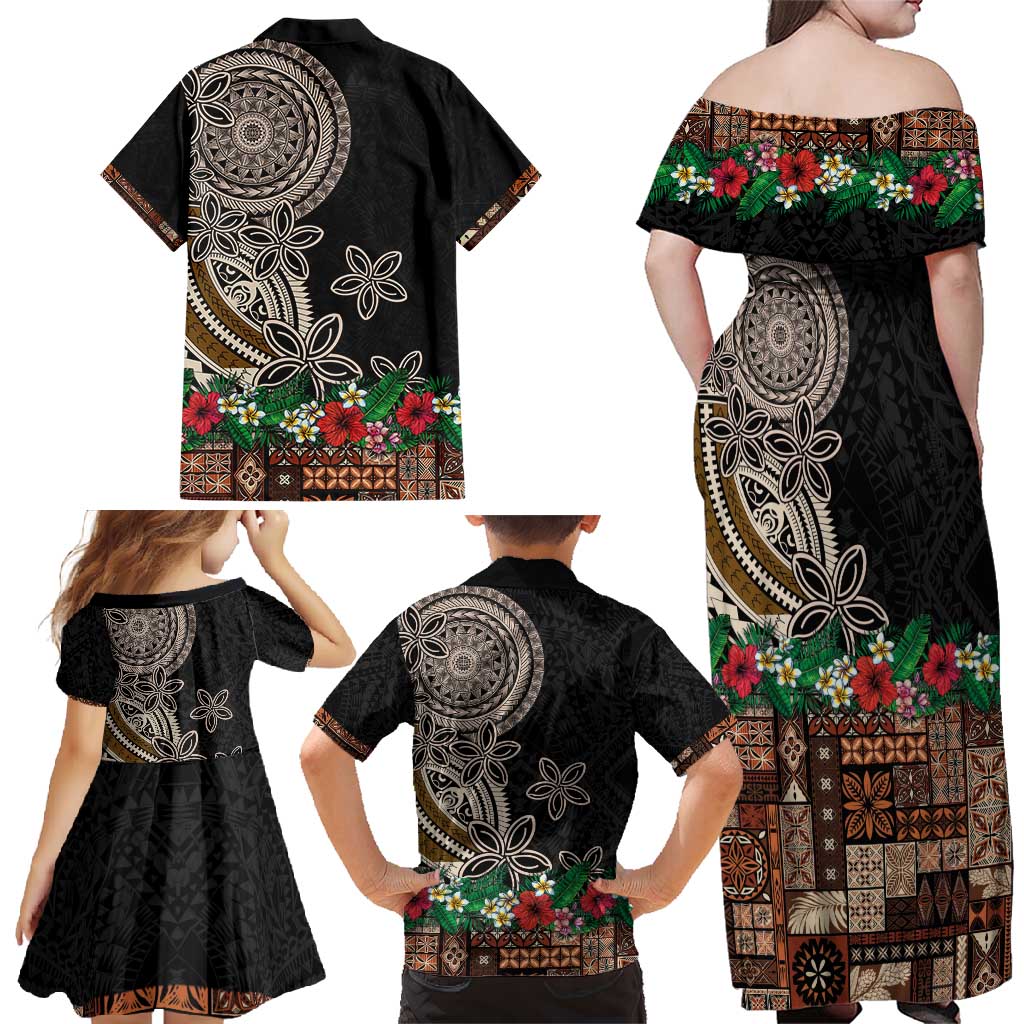 Samoa Siapo Polynesian Art Family Matching Off Shoulder Maxi Dress and Hawaiian Shirt Tropical Flowers and Tatau Pattern Brown LT03 - Polynesian Pride