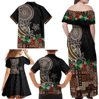 Samoa Siapo Polynesian Art Family Matching Off Shoulder Maxi Dress and Hawaiian Shirt Tropical Flowers and Tatau Pattern Brown LT03 - Polynesian Pride